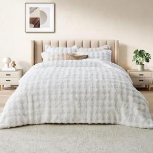 DAICO 3 Pieces Fluffy Faux Rabbit Fur Comforter Set King Size White Plush Fuzzy Bubble Comforter Bedding Set Warm Cozy Bedding Comforter Sets for Winter, 1 Comforter and 2 Pillowcases, White, King