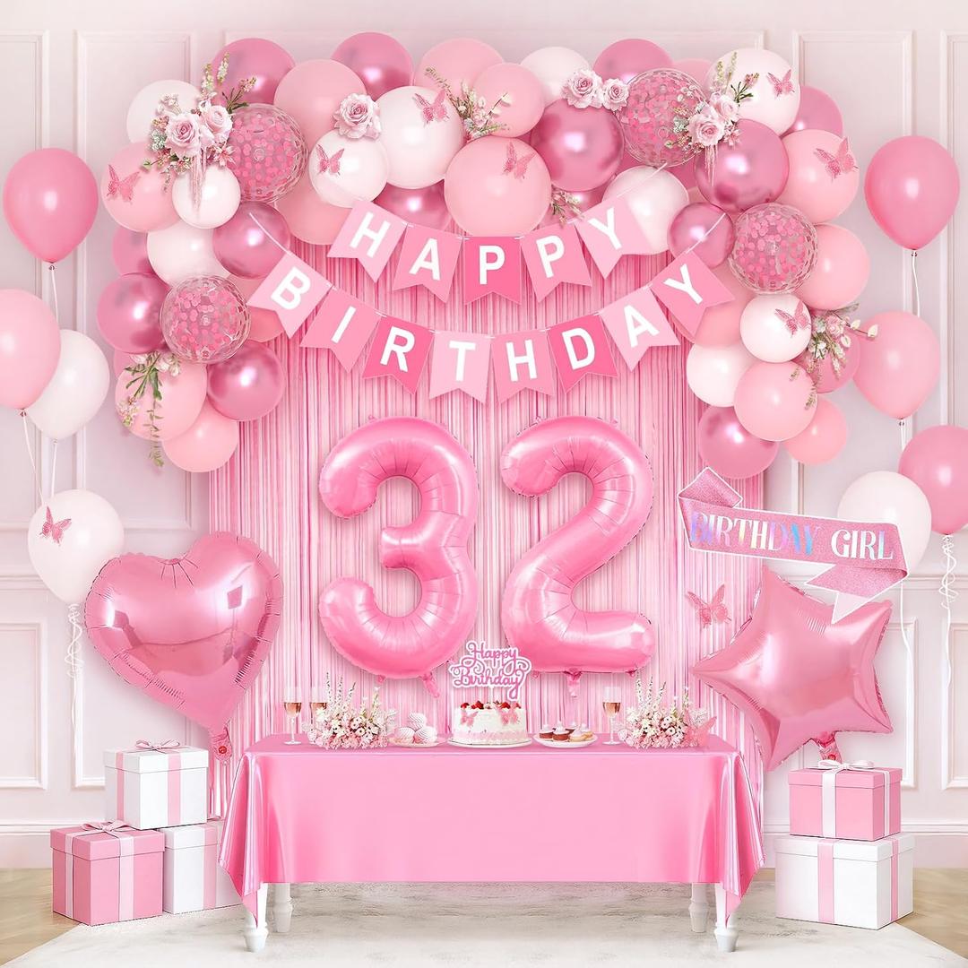 Pink 32nd Happy Birthday Decorations for Women Girls, Pink and White 32nd Birthday Party Packs with Foil Number 32 Balloons, Happy Birthday Banner, Fringe Curtains, Birthday Sash Party Supplies