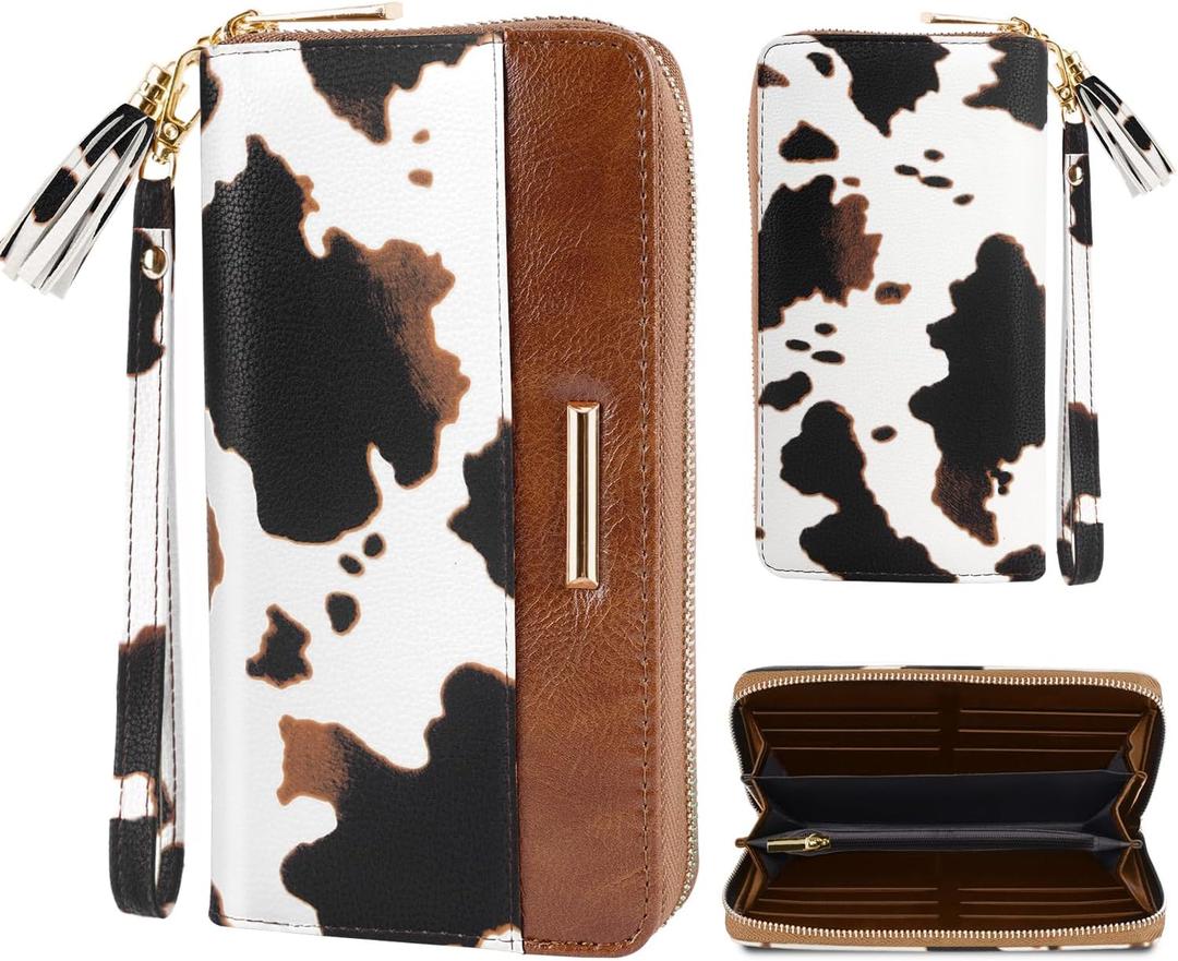 Coco Rossi Women Wallets MultiCard Case Wallet Clutch Card Holder Organizer Ladies Purse with Tassel Wrist Strap Zipper Closed, Brown Cow