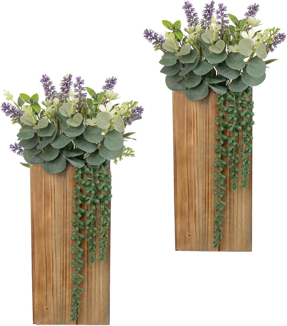 Wood Wall Planters 2 Pack with Artificial Greenery Plants - Pocket Wall Vases for Dried Flowers - Wood Wall Decor Hanging Planters for Living Room, Bedroom, Home Decor - Brown