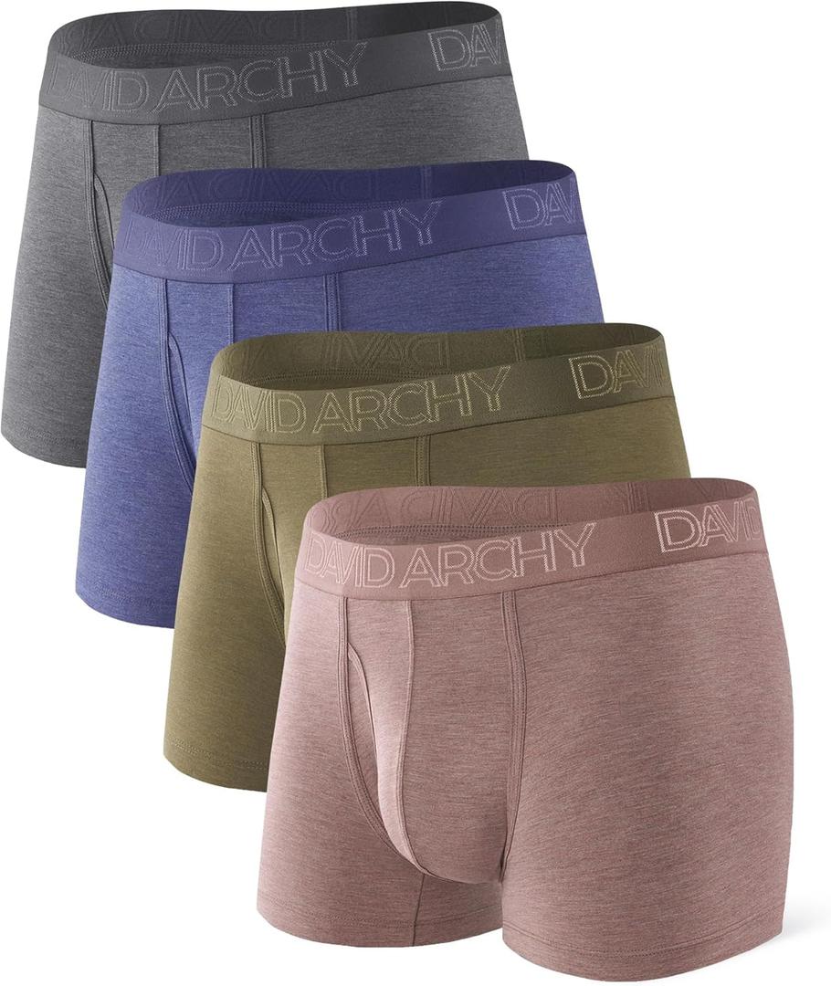 DAVID ARCHY Mens Underwear Boxer Briefs Breathable Soft Moisture-Wicking with Fly Underwear for Men Multipack (Large, F4,short Leg 3.5" Dark Blue/Dark Brown/Olive Green/Dark Gray)