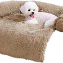 HACHIKITTY Calming Pet Sofa Bed Mat, Washable Plush Couch Cover, Furniture Protector for Dogs and Cats, Fluffy Dog Couch Bed with Anti-Slip Bottom (30"x 27"x 6", Camel)