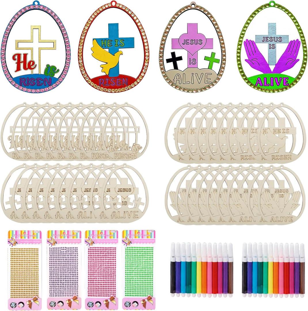 40 Pcs Easter Wooden Ornament Craft, DIY Wooden Eggs Ornaments Craft Kit for Kids Make Your Own Christian Religious Easter Egg Set with Pens and Gem Sticker Party Supplies