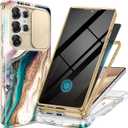 GVIEWIN for Samsung Galaxy S25 Ultra Case, [Slide Camera Cover & Built-in Anti-Spy Privacy Screen Protector] [2 Front Frame] Shockproof Military Grade Marble Phone Case 6.9" (Drift Sand/Brown)