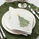 Newwiee Christmas Linen Napkin Set of 4 100% Linen Cloth 20 Inch Christmas Tree Embroidered Napkin Square Dinner Serviette Soft & Durable Holiday Table Decor Xmas Wedding Cocktail Party Supply