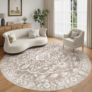 Soalmost Washable Round Rug 8ft for Living Room,Soft Circle Rug Light Brown