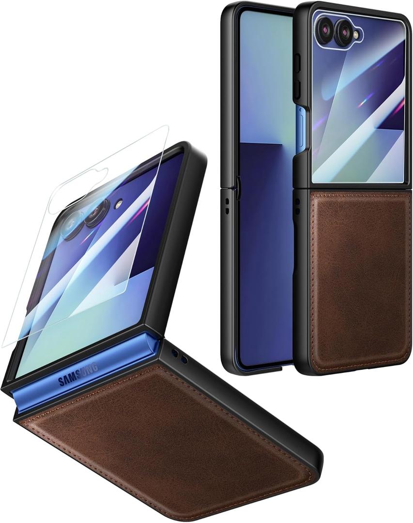 Foluu Leather Case for Samsung Galaxy Z Flip 7 with Front Built-in Screen Protector, PU Leather + Hard PC Shell Ultra Thin Slim Durable Protective Phone Cover for Galaxy Z Flip7 5G 2025 (Brown)