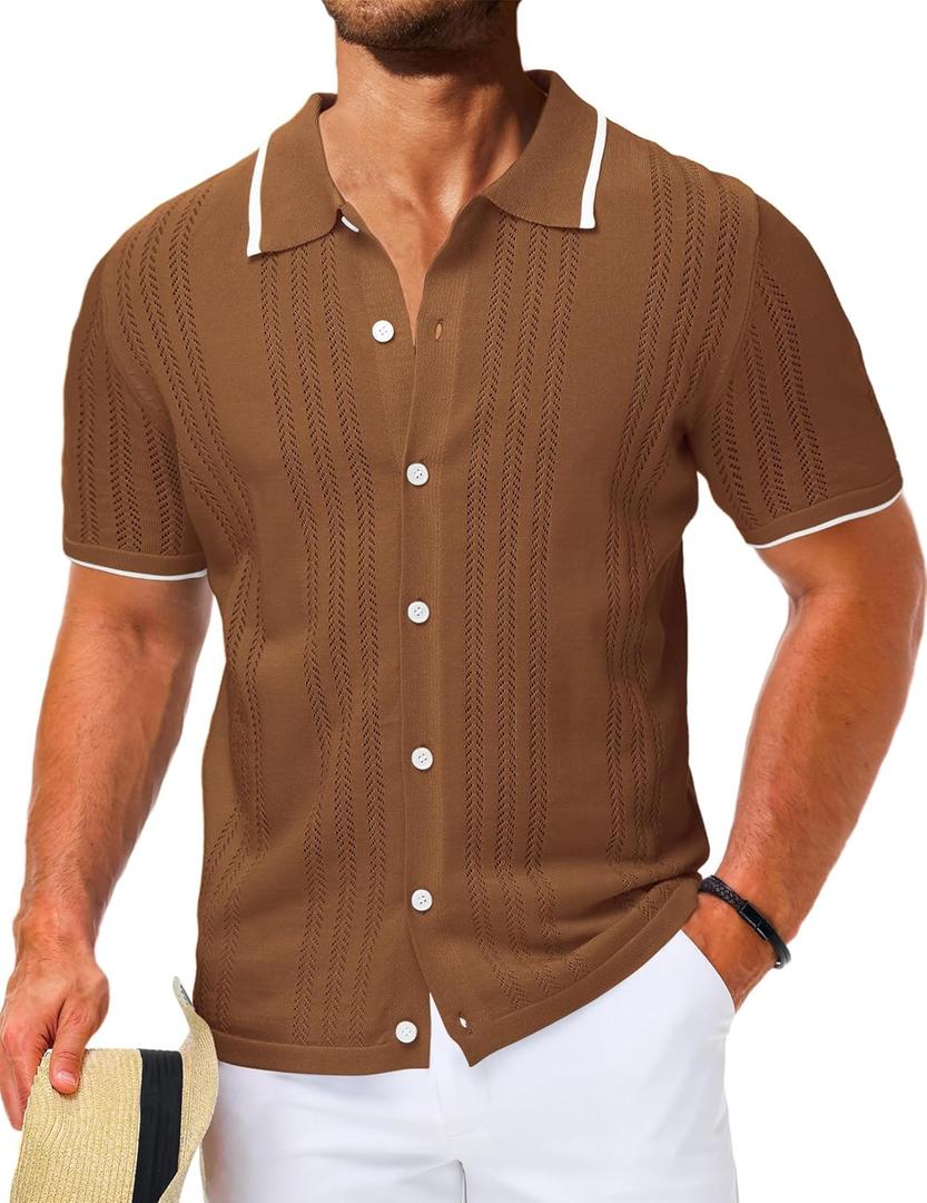 LETSEE Linen Shirts for Men Short Sleeve Blouse Button Down Dress Untuckit Shirts Beach Summer Wedding Hawaiian Outfit (3X-Large, Brown Knit)