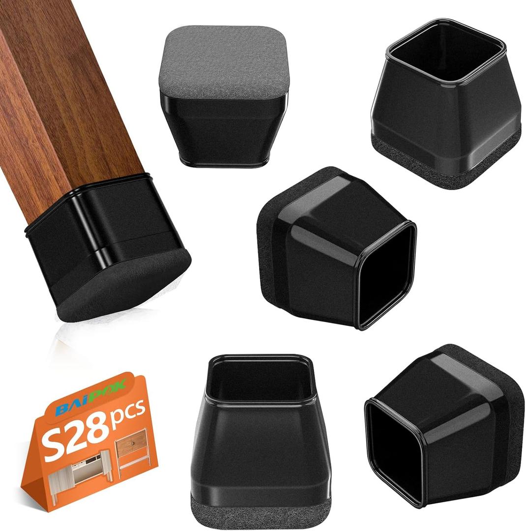 28Pcs Square Chair Leg Floor Protectors with Wrapped Felt Bottom, Silicone Chair Leg Protectors for Hardwood Floors, Chair Legs Cover Prevents Scratches & Reduce Noise (Black S Fit 0.87"-1.10")