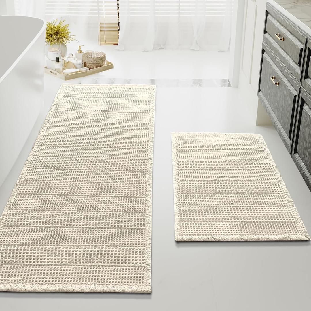 H.VERSAILTEX Waffle Bath Mat Super Absorbent Bathroom Mats Non Slip Bath Rugs for Bathroom Floor Machine Washable Ultra Soft Bathroom Rugs for Beside Tub, (32 x 20 Plus 24 x 60 - Inches, Ivory)