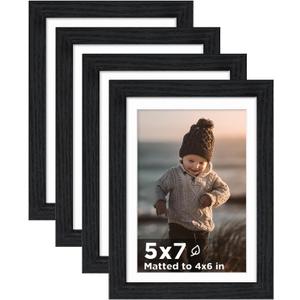 KINLINK 5x7 Picture Frame Black Wood Set of 4, Wooden Photo Frame Matted 4x6 with Plexiglass for 4x6 with Mat or 5x7 without Mat for Table and Wall Display