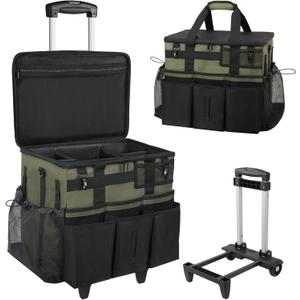Rolling Cleaning Caddy Bag with Detachable Trolley, Large Cleaning Supplies Organizer with Wheels, Multi-Pocket Cleaning Cart with Adjustable Shoulder Strap for Housekeepers & Home Use, Armygreen