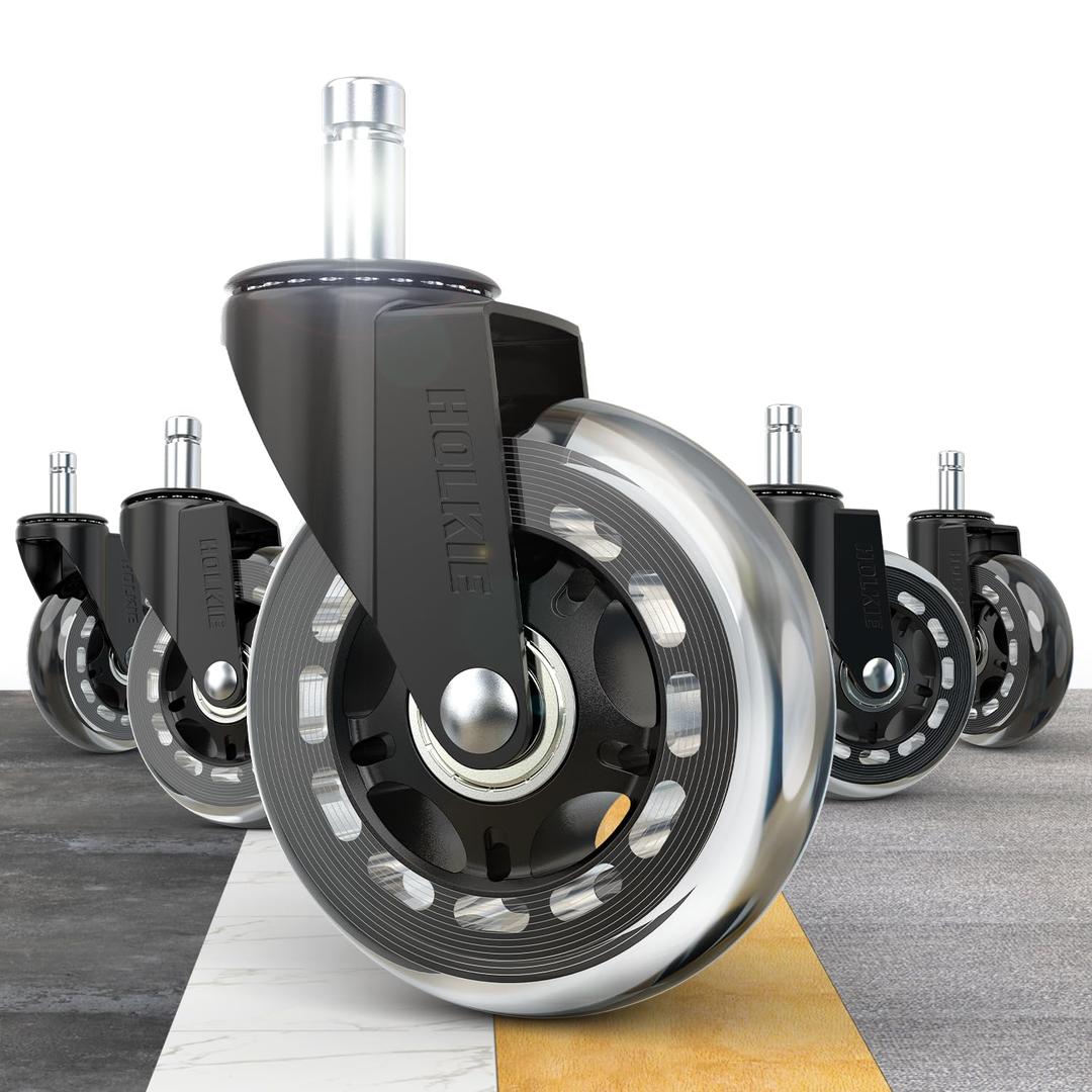 HOLKIE Office Chair Wheels Compatible with 1KEA 10x22mm Transparent ONLY 3 Inch Roller Blade Casters, Computer Gaming Replacement Rubber Wheels-Set of 5 for Hardwood Floors Desk Chair Rolling (5 Pack-10mm, Clear)