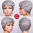 Grey Short Curly Pixie Cut Wigs Remy Human Hair for Black Women, Silver Grey Deep Wave 100% Human Hair Pixie Wig Wear and Go Glueless Layered Curly Wavy Pixie Cut Edgy Old Lady Cosplay Wig With Bangs