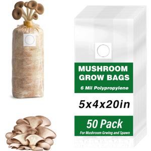 Mushroom Grow Bags, 50 Pack Mushroom Spawn Bags, 5" x 4" x 20", 6 Mil Thick Durable,Tear Resistant, 0.2 Micron Porosity Resistant High Pressure Spawning