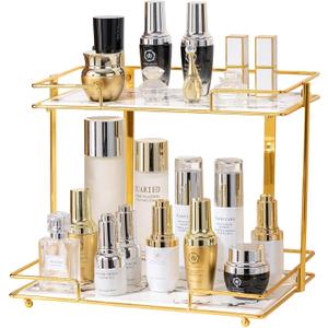 2 Tier Bathroom Cabinet Countertop Organizer Perfume Lipstick Makeup Organizer Cosmetics Storage Display Rack Vanity Tray Metal Dresser Storage Shelf White Marble Ceramic Tray Golden
