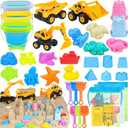 FHOZGECY Beach Toys, Sand Toys for Kids Boys and Girls with 3 Construction Vehicles, 3 Collapsible Bucket, Sand Castle Building Kit, Sand Molds, Mesh Bag, Outdoor Toys for Kids Ages 4-8