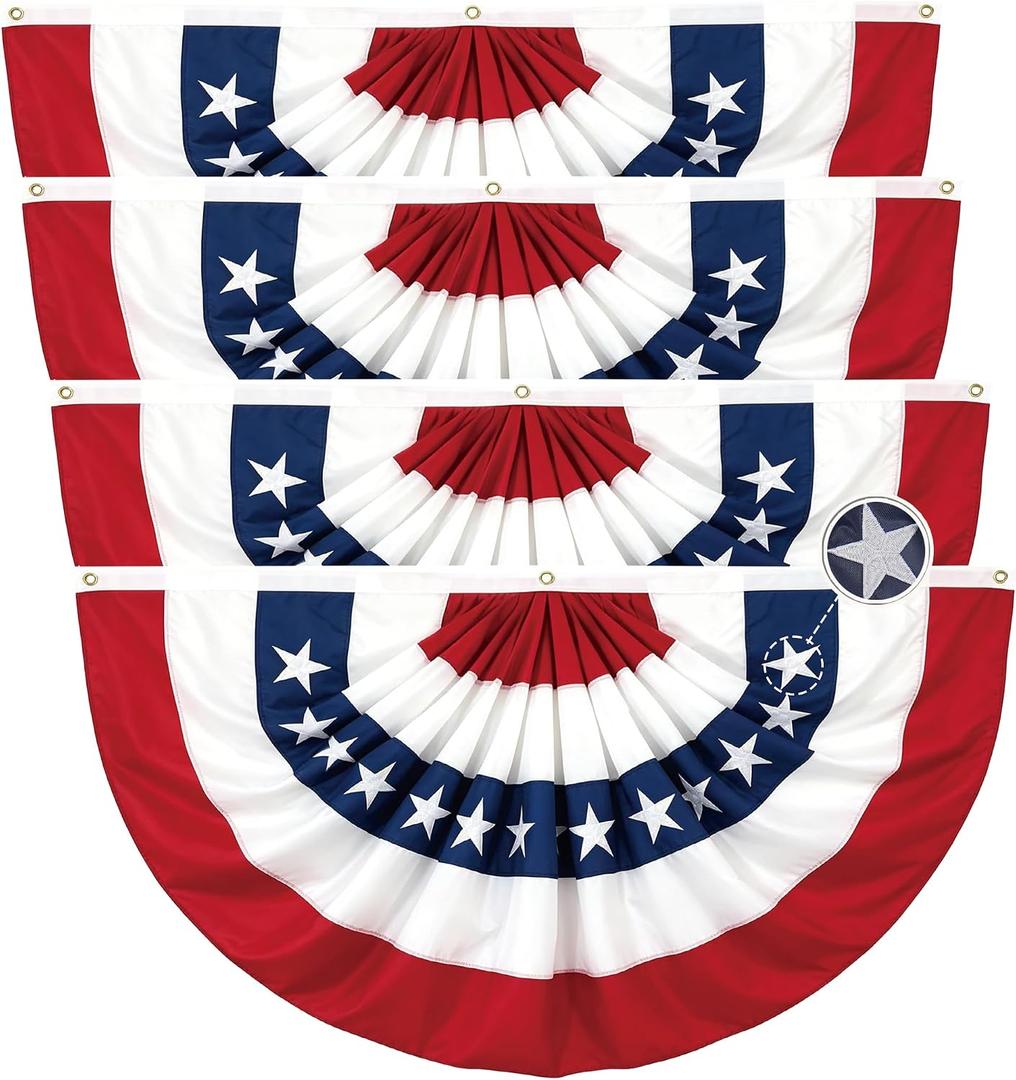4 Pack American Flag Bunting Outdoor 3x6 Ft, Embroidered Stars USA Pleated Fan Flags, Heavy Duty Canvas Header & 3 Brass Grommets for 4th of July Patriotic Decoration, Memorial Day