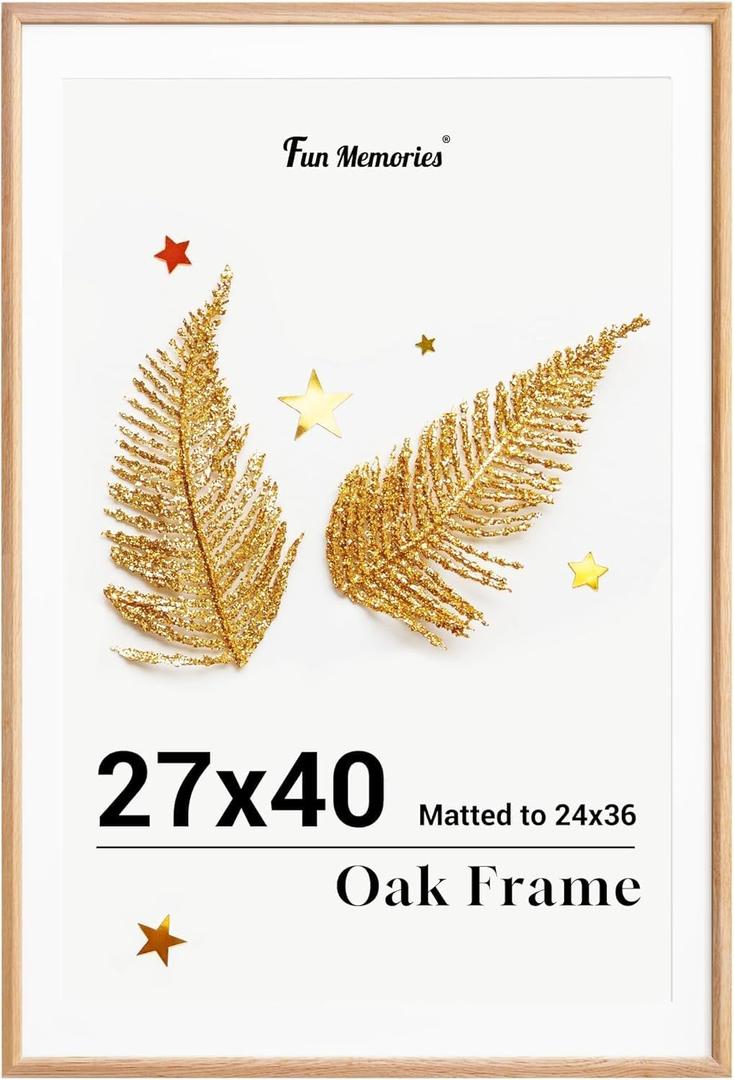 Fun Memories 27x40 Picture Frame, Solid Oak Wood Frame for Wall, 27x40 Matted frame for 24x36, Natural Oak Wood Frame for Home Decor, Set of 1