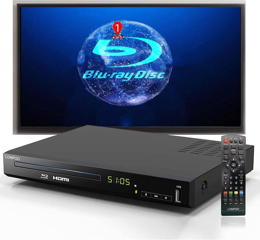 Blu Ray DVD Player,LONPOO Full HD Blu-ray Disc Player Video Disk Players with Easy Hook Up and User Friendly, 1080P Home Theater DVD Player with HDMI Output, Support HDD and USB Playback
