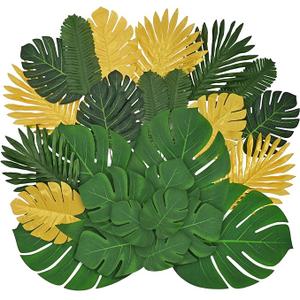 Dolicer 100 Pieces 8 Kinds Artificial Palm Leaves, Tropical Monstera Leaves, Safari Jungle Leaves Decorations, Fake Palm Leaf with Stems for Hawaiian Luau Party Table Beach Wedding Birthday Party