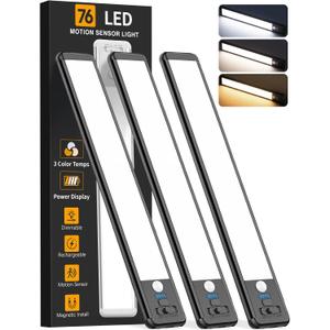 Under Cabinet Lighting Wireless, Rechargeable 10inch Motion Sensor Light Indoor, 3 Color Closet Light Battery Operated with LED Power Display, Magnetic Under Counter Lights for Kitchen (3Pack-Black)