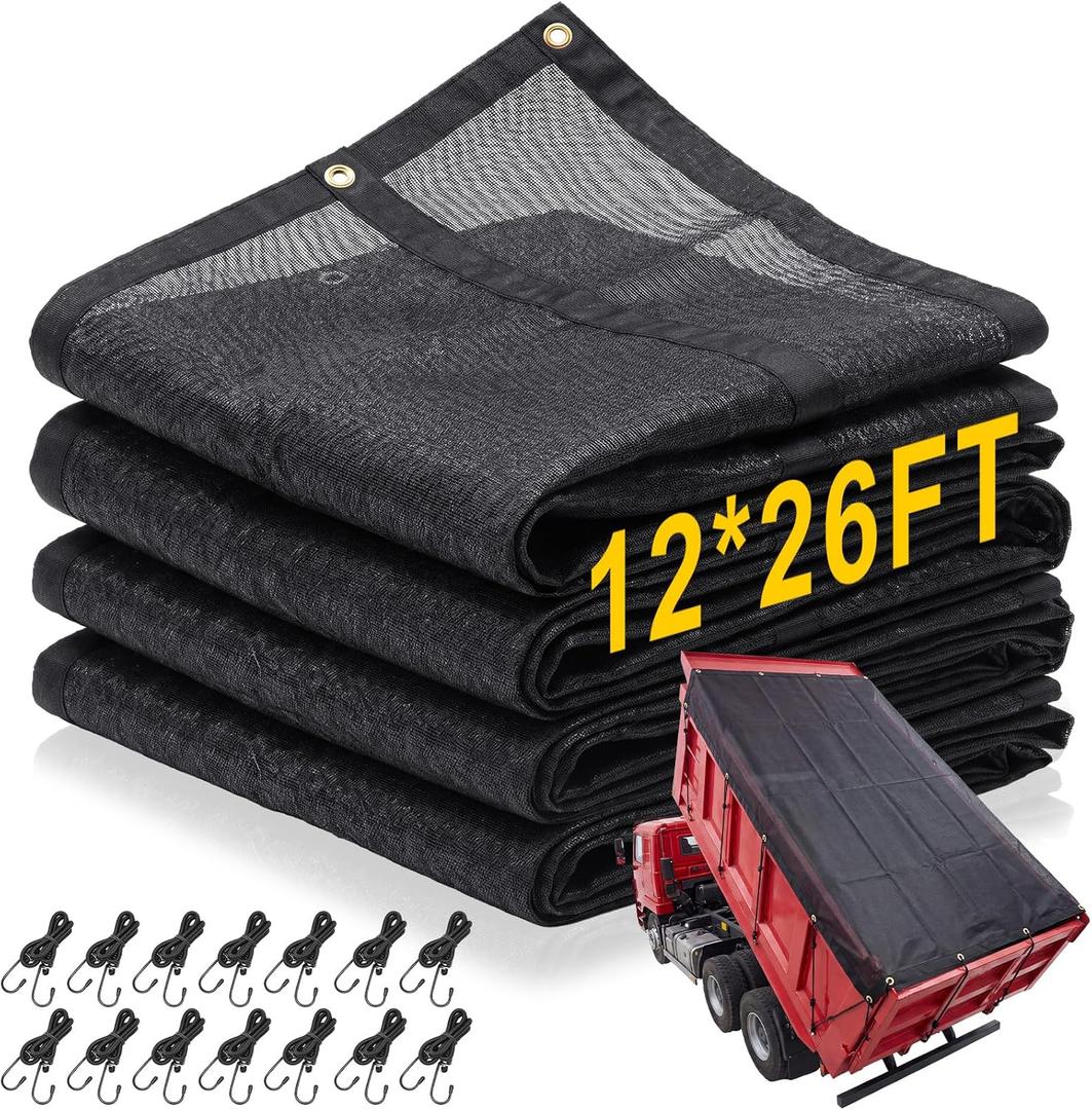 12x26 ft Dump Truck Mesh Tarp 18oz, 25 Bungee Straps, Brass Grommets