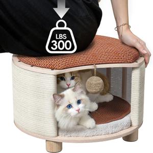 Superpower Bearing Capacity Solid Wood Cat House Stool- Large Cat Cave for Indoor Cats and People, with Fluffy Ball Hanging and Removable Scratch Pad, Support 300 Pounds,16.1x16.1x8.3 inches, Brown