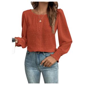 WDIRARA Women's Solid Swiss Dots Guipure Long Sleeve Blouse Top Rust Brown Medium