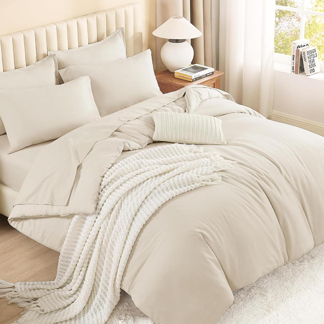 Litanika Bed in a Bag King Beige - 7 Pieces King Size Comforter Set Bedding Comforter Sets, Solid Fluffy Bed Set with Comforter, Sheets, Pillowcases & Shams