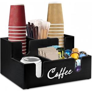 Coffee Bar Organizer with U-shaped Opening Design,Wall-mountable Wooden Bar Accessories Storage for Countertop Versatile Minimalist Style Station Basket for Coffee Lover (Black)