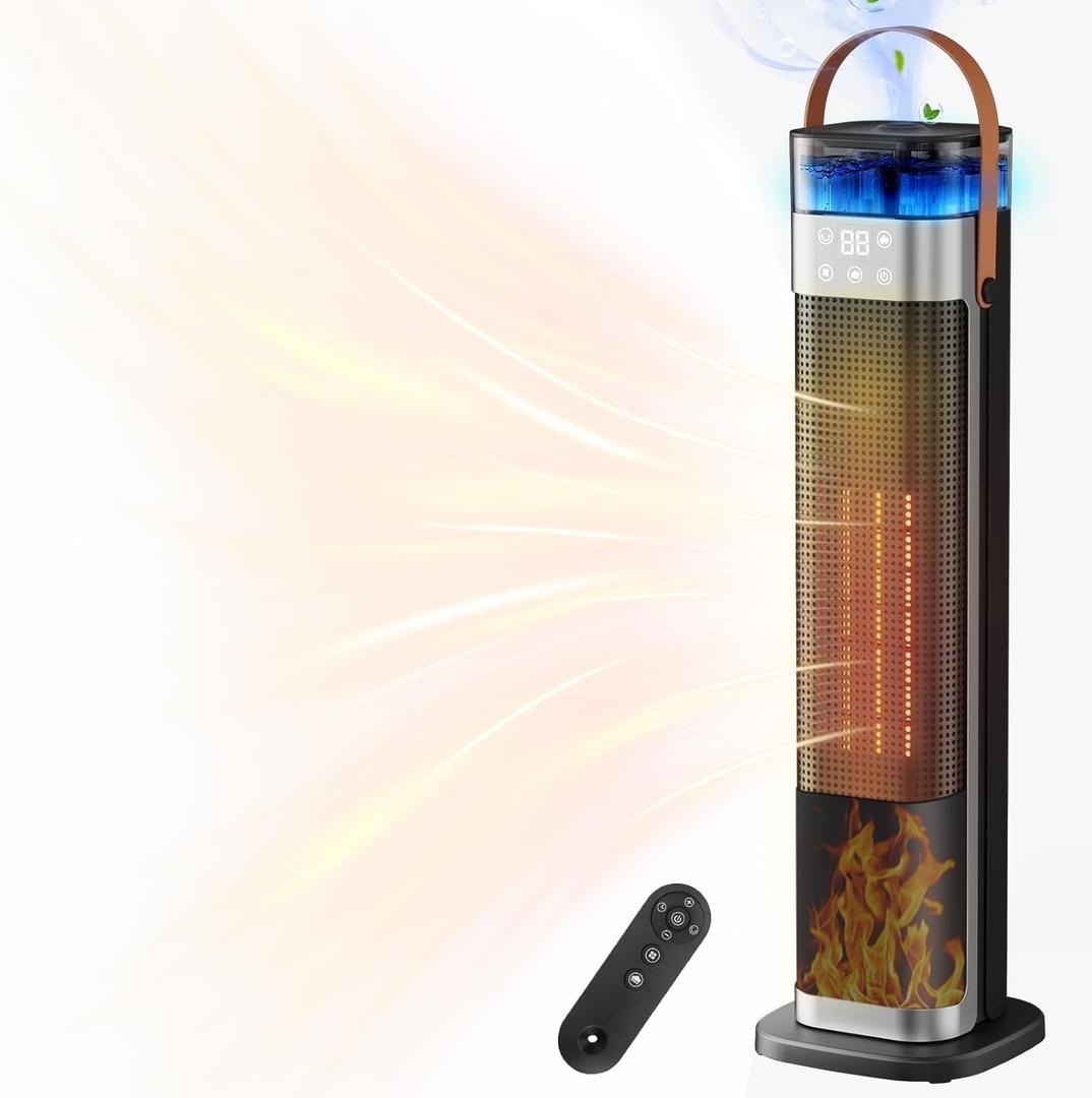 Tower Space Heater, Portable Electric Space Heaters for Indoor Use with Thermostat,Spray Humidification,3D Simulated Charcoal Flame,Remote,2000W PTC Ceramic Fast Safe Heating for Bedroom Home Office