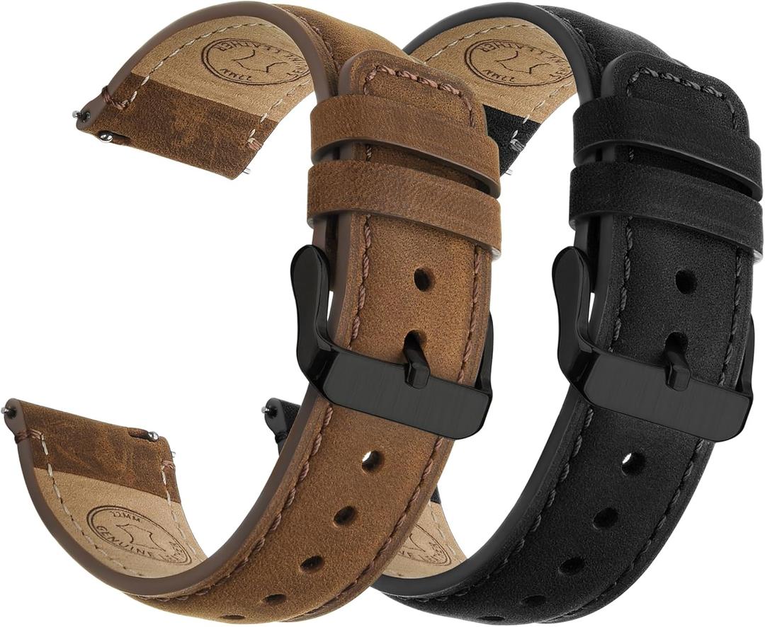Fullmosa 18mm 20mm 22mm 24mm Leather Watch Bands, 2 Pack Soft Quick Release Watch Strap Compatible with Garmin Vivoactive 5/6/4/3, Venu 4/3S/2S, Samsung Galaxy Fossil Amazfit for Men Women,20mm Saddle Brown&Black/Black&Black