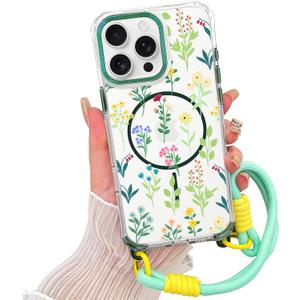 AIGOMARA Magnetic for iPhone 16 Pro Case [Compatible with MagSafe] Clear Floral Flower Pattern Phone Case with Wrist Strap Lanyard, Slim Shockproof Cover for Girls Women, Green