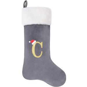 20-Inch Letter Embroidered Christmas Stocking Thick Grey Velvet with Super Soft Plush Cuff Personalized Festival Decoration for Xmas and New Year Party(Letter C)