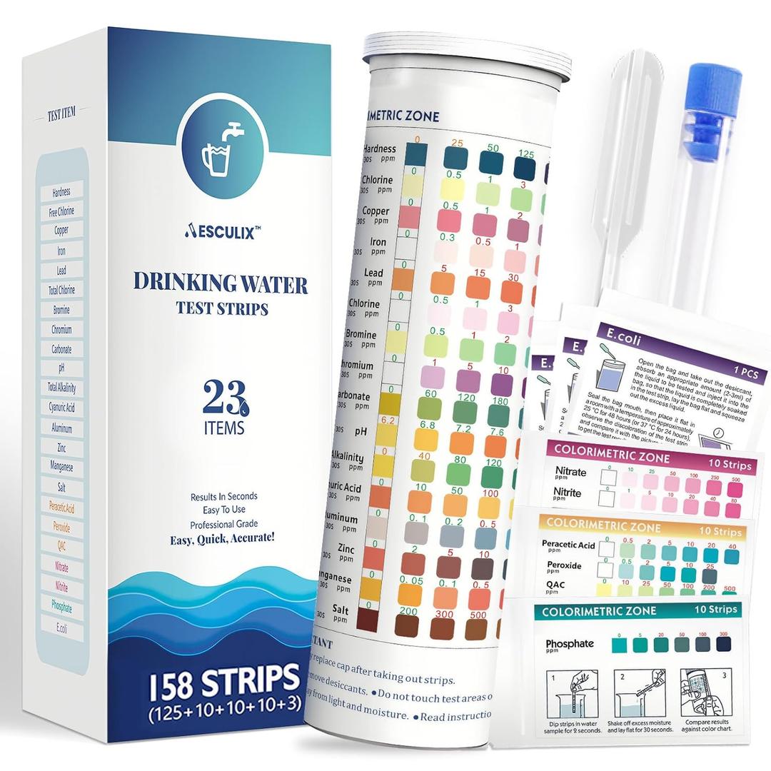 23 in 1 Drinking Water Testing Kit with Bacteria Test, 158 Strips Water Test Kit for Tap & Well Water, Tests Hardness, Chlorine, Copper, Iron, Lead, pH, Alkalinity and More