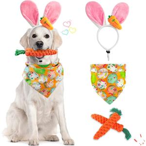 Dog Easter Costumes - Adorable Bunny Ears Headband Cute Dog Bandana Funny Carrot Shape Rope Teeth Cleaning Dog Chew Toys Gifts for Pet Puppy 4 PCS
