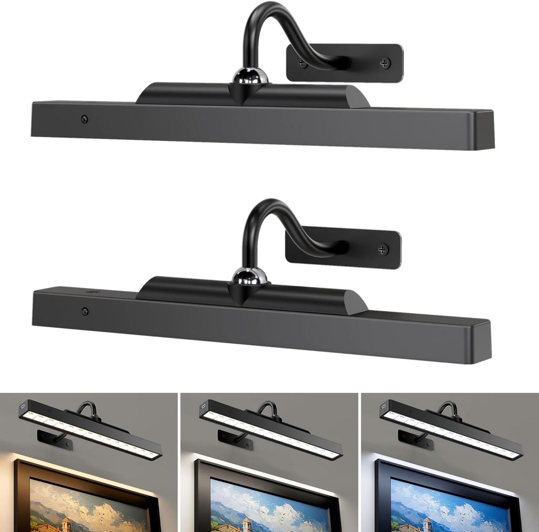 Wireless Picture Lights 12", 4400mAh Battery Powered Cordless Wall Lights, 2Pack Dimmable Remote Timer for Painting Artwork Living Room (Black)