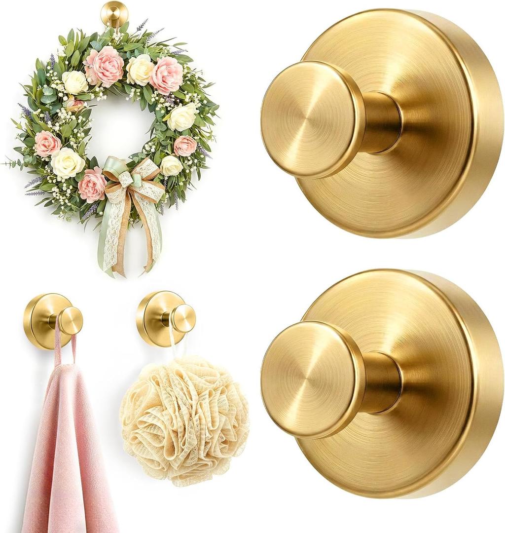 Upgraded Suction Cup Hooks for Shower, Heavy Duty Removable Towel Hooks for Bathroom Glass Door Wall, Stainless Steel Shower Hooks for Towel & Loofah (2 Pack, Gold)