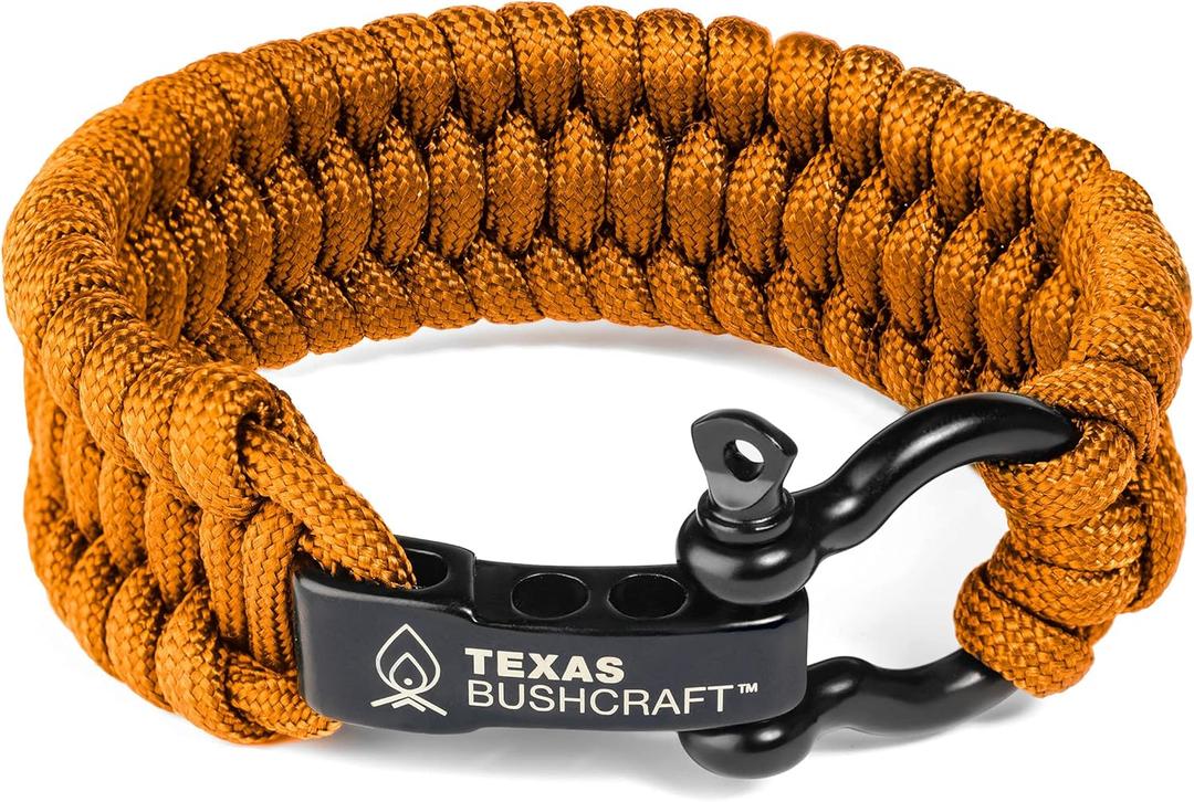 Texas Bushcraft Firecraft Cord Survival Bracelet  Paracord Bracelet with Bow Shackle for Camping and Emergency  3 Extra Strands Include Wax Thread, Tinder, and Fishing Line (M (6-7" wrist), Burnt Orange)