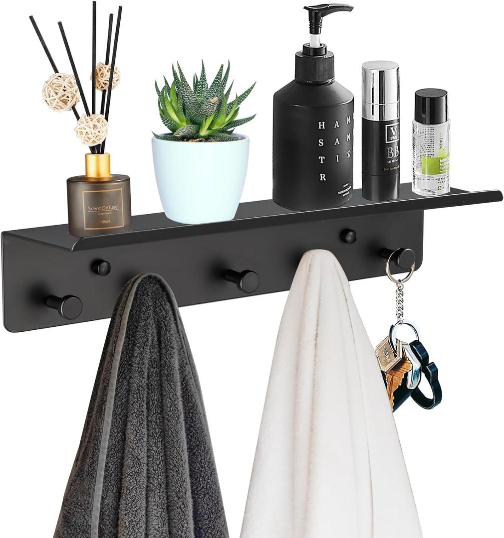 SIMVE Bathroom Towel Rack Wall Mounted, Rustproof Aluminium Shelf with 5 Bath Robe Hook, Decor Display Storage, Hot Tub Accessories, Hanging Hanger for Hat, Key, Bag Holder, Bathtub