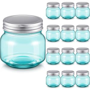 Gueevin 12 Pcs Blue Mason Jars 8 oz Regular Mouth Canning Jars Vintage Small Glass Jar Colored Spice Bottles with Airtight Lids and Bands for Kitchen Pickling Honey Wedding Supplies Shower Favors