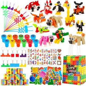 LiYiQ 134 Pcs Building Blocks Party Favors with Reusable Drinking Straws Animal Building Blocks Slap Bracelets Keychains Stamps Stickers and Gift Bags for Kids Gamer Birthday Party Supplies (Building)