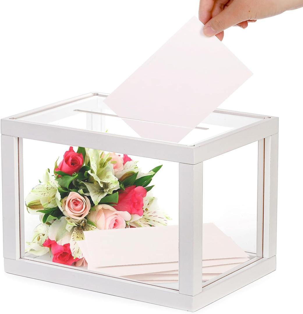 yarlung Clear Acrylic Wedding Card Box, White Wooden Card Box for Party Reception, Thick Money Box Gift Card Holder for Election Ballot, Baby Shower Birthday Graduation