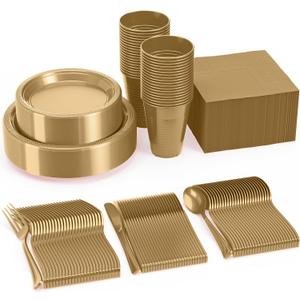 350 Pcs Gold Plastic Plates For Party, Gold Disposable Plates Set, 50 Of Each 9" Dinner Plate Set, 7" Dessert Plate, Cups, Napkins & Cutlery Plastic Dinnerware Set Exquisite