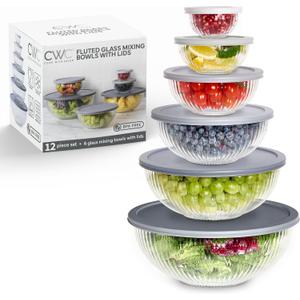 COOK WITH COLOR 12 Pc Glass Mixing Bowl Set with Lids Borosilicate Glass Nesting Bowls for Cooking, Baking and Meal Prep, Fluted Grey