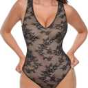 FeelinGirl Shapewear Bodysuit for Women Lace Body Suit Body Shaper Thong V Neck Tummy Control (Large, Black)