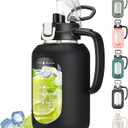64 oz Glass Water Bottle with Handle and Straw Large 2L Water Bottle with Time Markers and Silicone Sleeve Half Gallon Water Jug BPA Free for Gym Daily Use (Black)