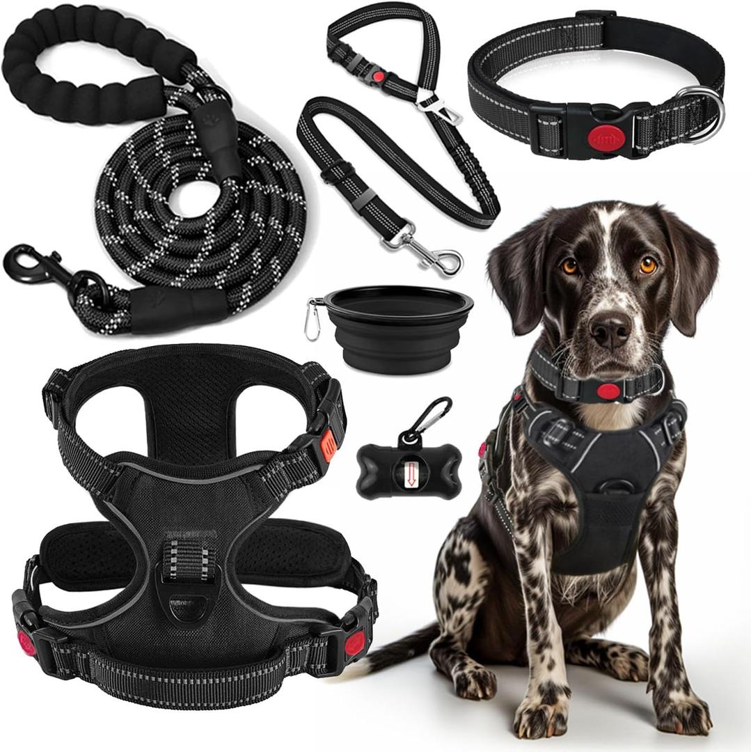 No Pull Dog Harness, Collar & Leash Set | Includes Dog Seat Belt, Collapsible Bowls & Poop Bag Dispenser. Ideal for Training, Walking, Hiking. Fits Small to Large Dogs(Black-XL)