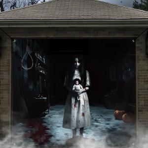 Halloween Garage Door Banner Decoration Magnetic Ghost Girl Garage Door Covers Large Scary Backdrop Decorations for Halloween Indoor/outdoor Party Decor(7 x 8 ft)